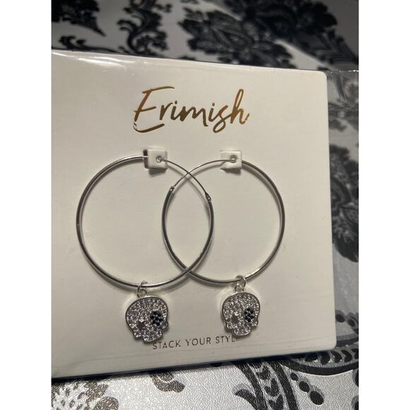 Erimish silver skull hoop earrings with pave - Picture 1 of 2